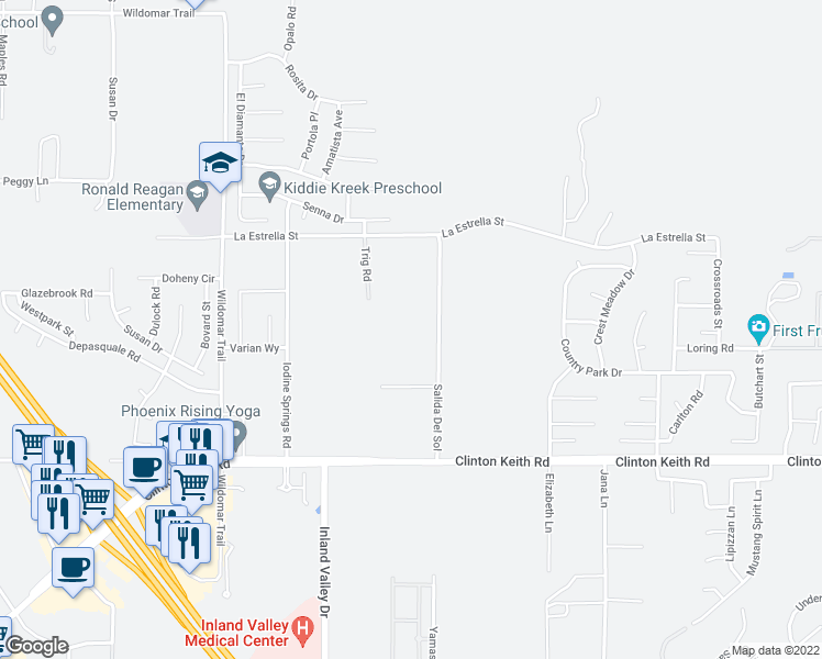 map of restaurants, bars, coffee shops, grocery stores, and more near 35681 Salida Del Sol in Wildomar