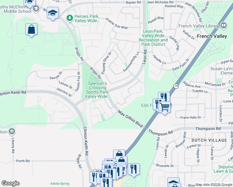map of restaurants, bars, coffee shops, grocery stores, and more near 35718 Elk Lane in Murrieta