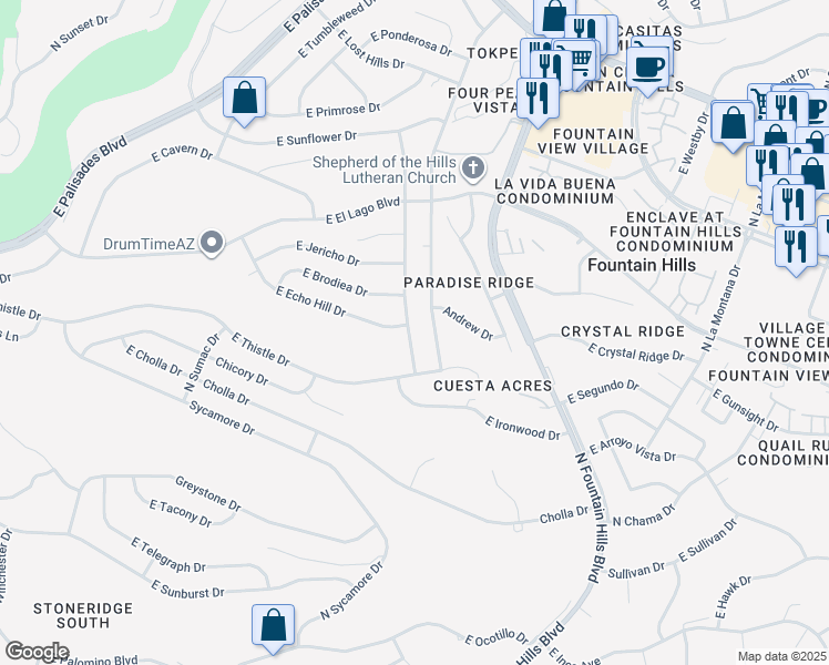 map of restaurants, bars, coffee shops, grocery stores, and more near 12634 North Mimosa Drive in Fountain Hills