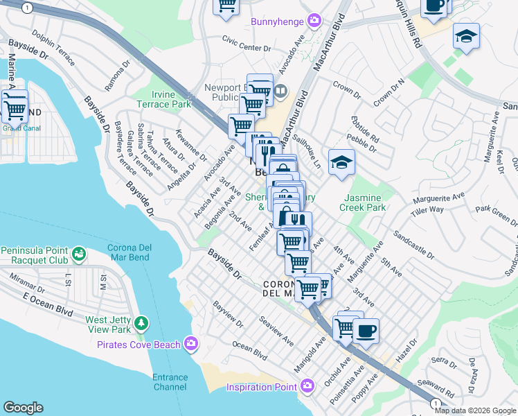 map of restaurants, bars, coffee shops, grocery stores, and more near 601 Dahlia Avenue in Newport Beach