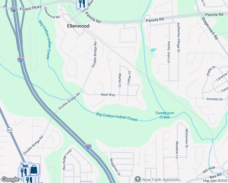 map of restaurants, bars, coffee shops, grocery stores, and more near 3283 Neal Way in Ellenwood