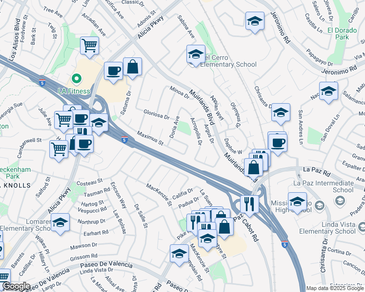 map of restaurants, bars, coffee shops, grocery stores, and more near 25662 Minos Street in Mission Viejo