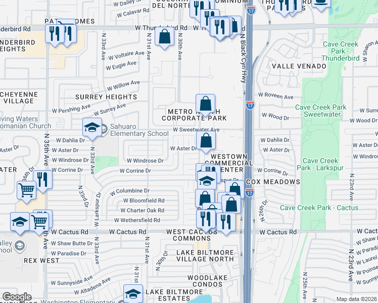 map of restaurants, bars, coffee shops, grocery stores, and more near 2923 West Windrose Drive in Phoenix