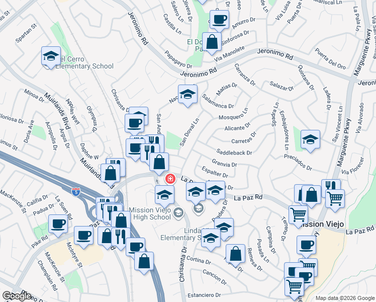 map of restaurants, bars, coffee shops, grocery stores, and more near 24821 Mosquero Lane in Mission Viejo