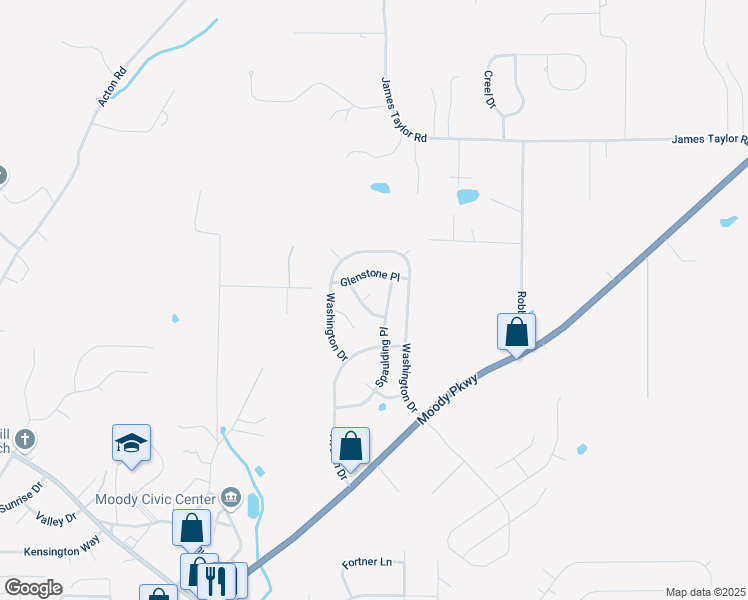 map of restaurants, bars, coffee shops, grocery stores, and more near 2304 Dunbar Circle in Moody