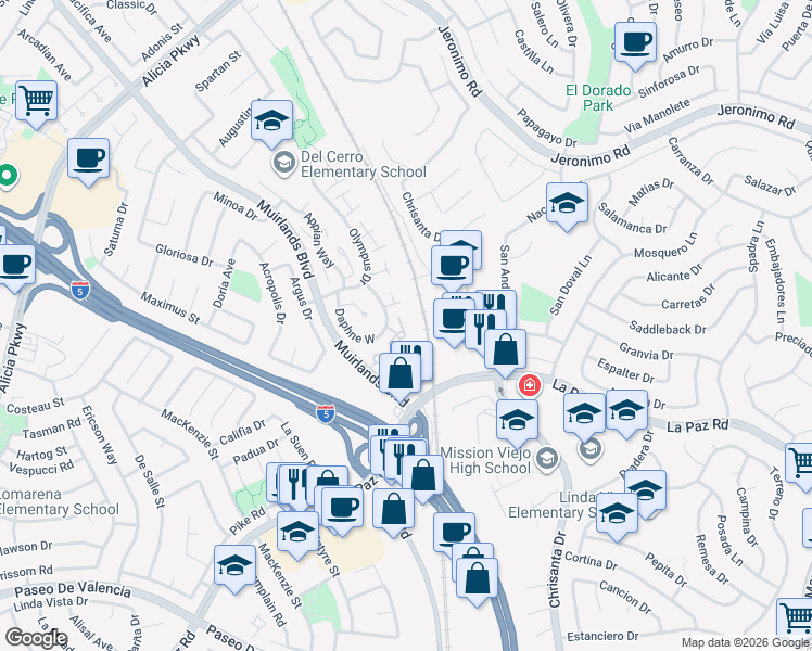 map of restaurants, bars, coffee shops, grocery stores, and more near 24841 Leto Circle in Mission Viejo