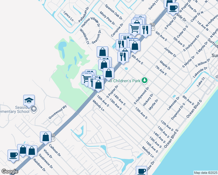 map of restaurants, bars, coffee shops, grocery stores, and more near 10 South Beach Drive in Surfside Beach