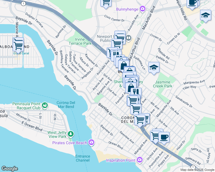 map of restaurants, bars, coffee shops, grocery stores, and more near 502 Begonia Avenue in Newport Beach