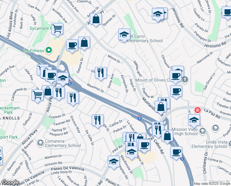 map of restaurants, bars, coffee shops, grocery stores, and more near 25662 Minos Street in Mission Viejo
