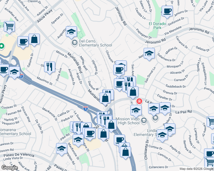 map of restaurants, bars, coffee shops, grocery stores, and more near 24802 Leto Circle in Mission Viejo