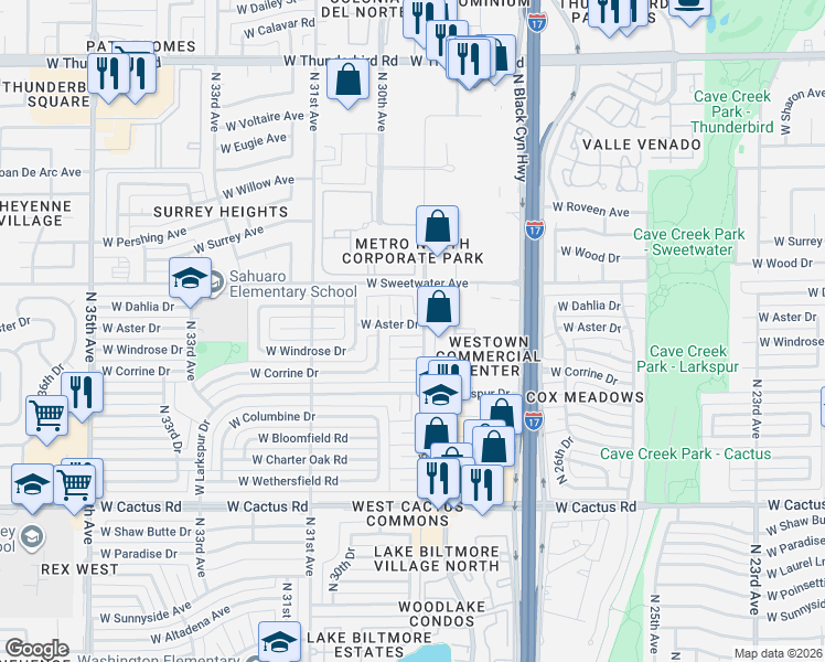 map of restaurants, bars, coffee shops, grocery stores, and more near 2923 West Windrose Drive in Phoenix