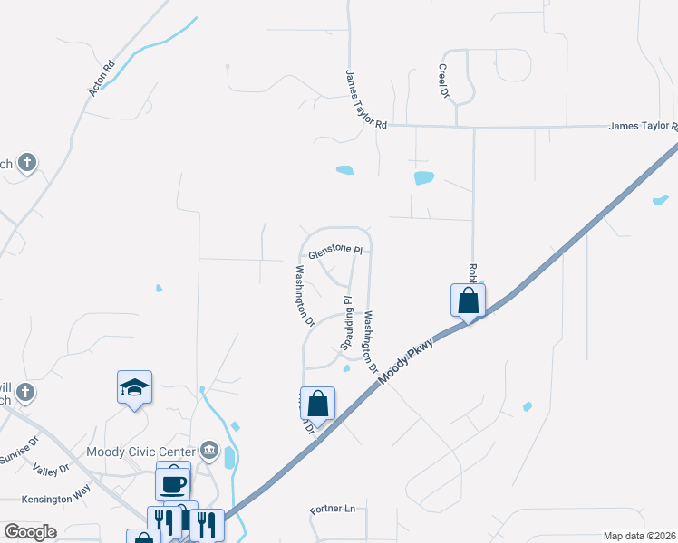 map of restaurants, bars, coffee shops, grocery stores, and more near 1013 Washington Court in Moody