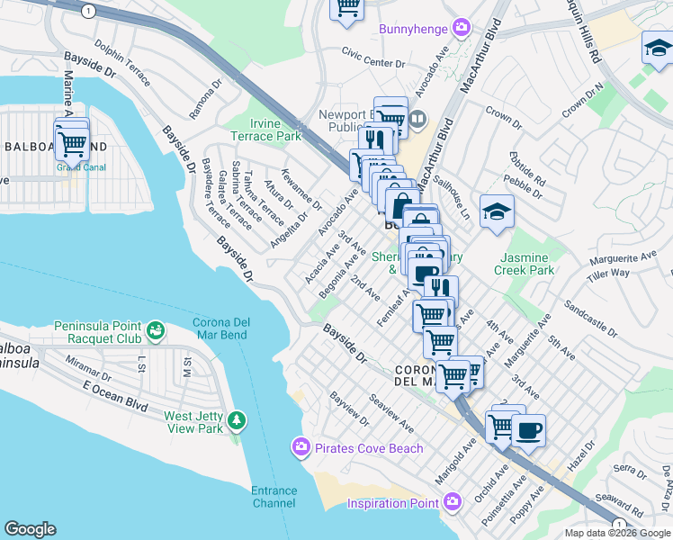 map of restaurants, bars, coffee shops, grocery stores, and more near 427 Begonia Avenue in Newport Beach