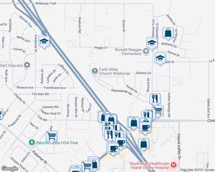 map of restaurants, bars, coffee shops, grocery stores, and more near 23615 Westpark Street in Wildomar