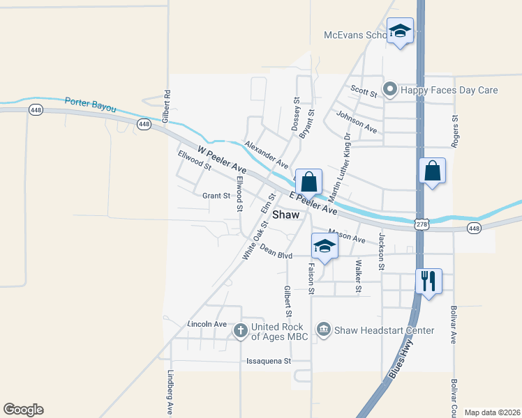 map of restaurants, bars, coffee shops, grocery stores, and more near 201-299 Elm Street in Shaw
