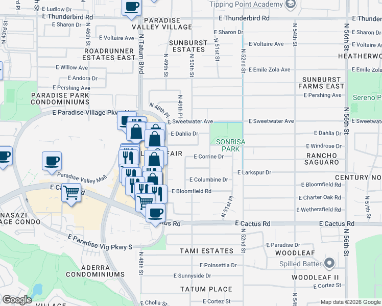 map of restaurants, bars, coffee shops, grocery stores, and more near 4947 East Corrine Drive in Scottsdale
