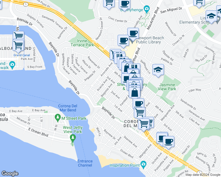 map of restaurants, bars, coffee shops, grocery stores, and more near 502 Begonia Avenue in Newport Beach