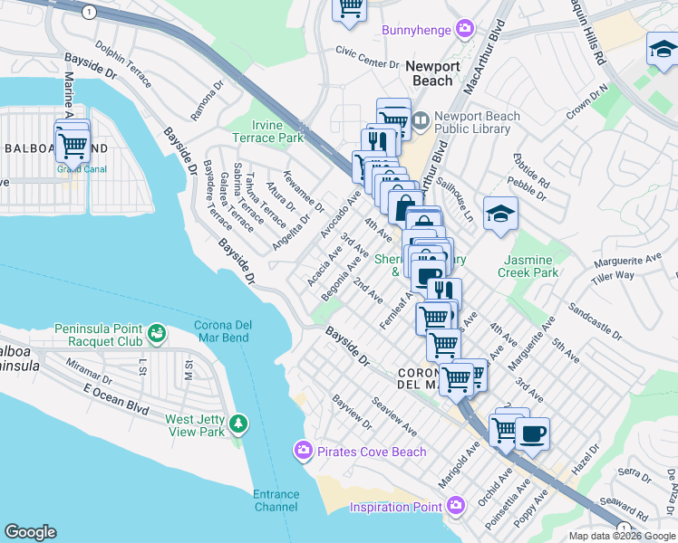 map of restaurants, bars, coffee shops, grocery stores, and more near 427 Begonia Avenue in Newport Beach