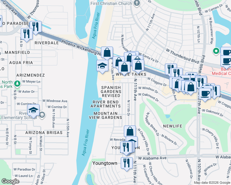 map of restaurants, bars, coffee shops, grocery stores, and more near 12828 North 113th Avenue in Youngtown