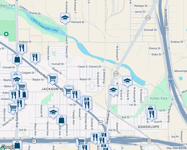 map of restaurants, bars, coffee shops, grocery stores, and more near 1800-1898 Baylor Street in Lubbock