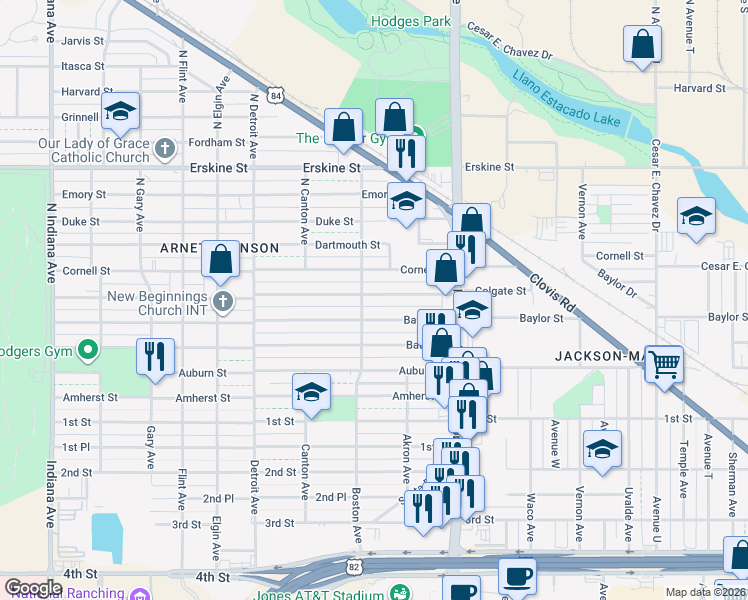 map of restaurants, bars, coffee shops, grocery stores, and more near 2620 Baylor St in Lubbock