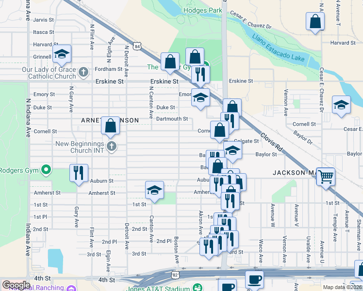 map of restaurants, bars, coffee shops, grocery stores, and more near 2620 Baylor St in Lubbock