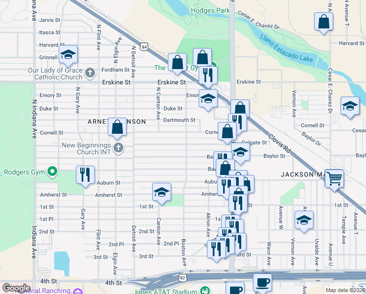 map of restaurants, bars, coffee shops, grocery stores, and more near 2712 Baylor Street in Lubbock