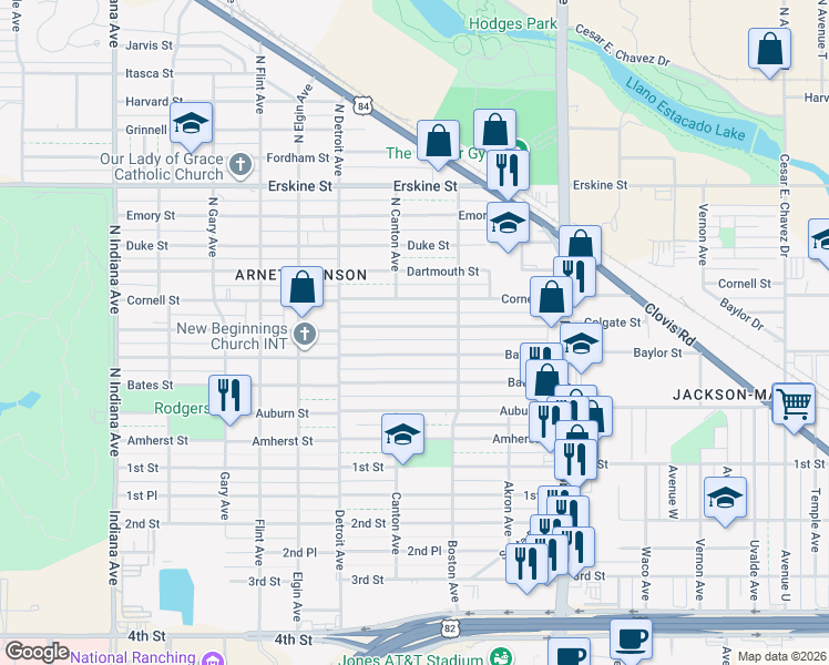 map of restaurants, bars, coffee shops, grocery stores, and more near 2712 Baylor Street in Lubbock