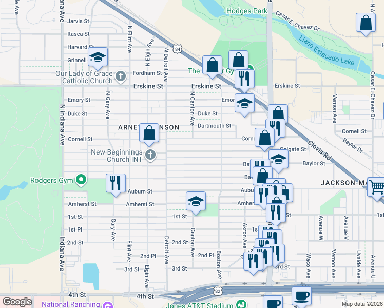 map of restaurants, bars, coffee shops, grocery stores, and more near 2802 Baylor Street in Lubbock