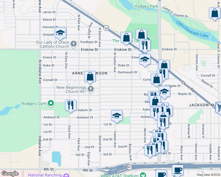 map of restaurants, bars, coffee shops, grocery stores, and more near 2802 Baylor Street in Lubbock