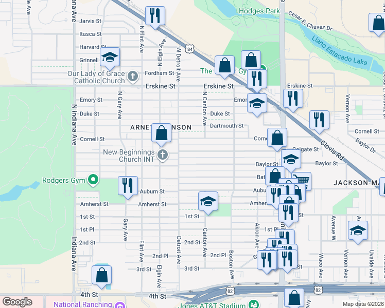 map of restaurants, bars, coffee shops, grocery stores, and more near 2820 Baylor St in Lubbock