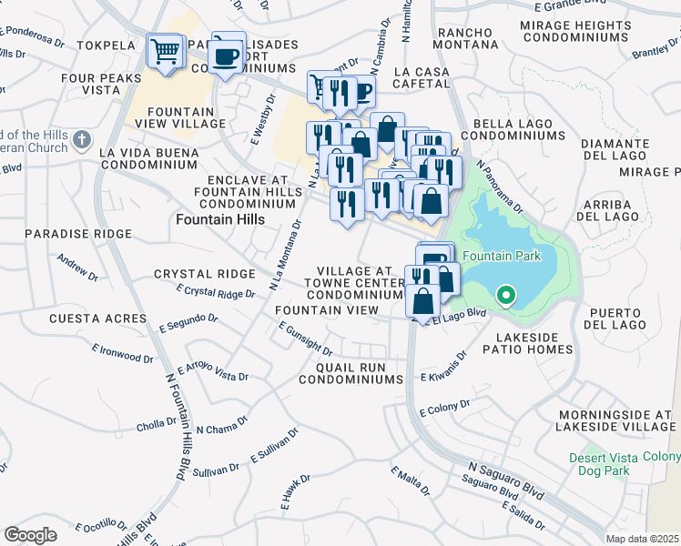map of restaurants, bars, coffee shops, grocery stores, and more near East El Lago Boulevard in Fountain Hills