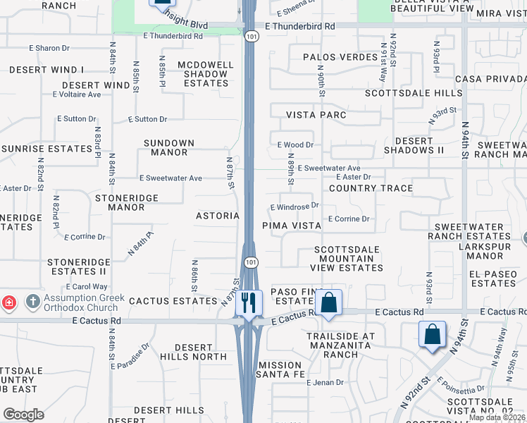 map of restaurants, bars, coffee shops, grocery stores, and more near 12720 North 88th Place in Scottsdale
