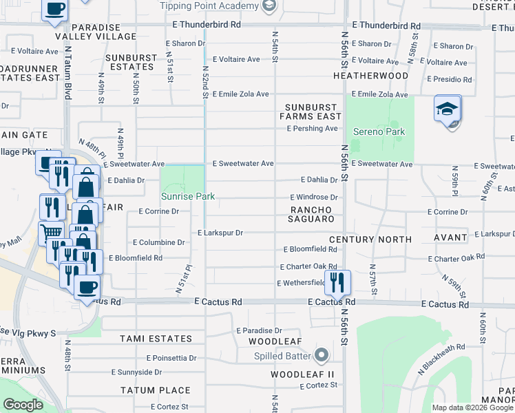 map of restaurants, bars, coffee shops, grocery stores, and more near 5326 East Larkspur Drive in Scottsdale