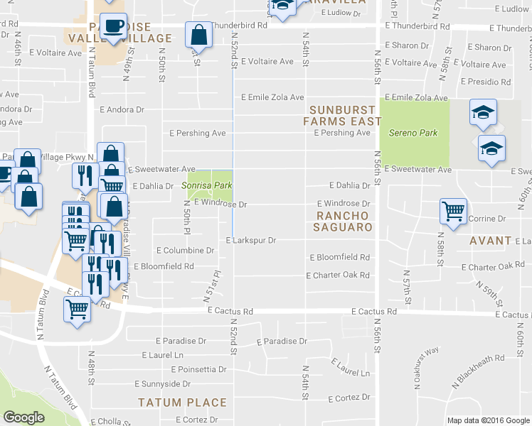 map of restaurants, bars, coffee shops, grocery stores, and more near 5234 East Larkspur Drive in Scottsdale
