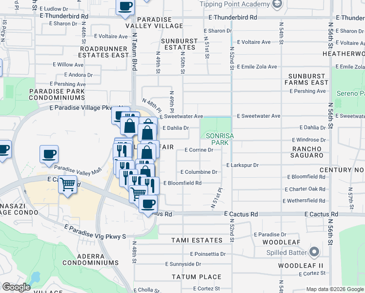 map of restaurants, bars, coffee shops, grocery stores, and more near 4947 East Corrine Drive in Scottsdale