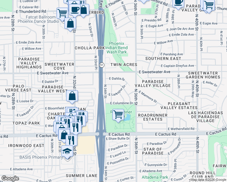map of restaurants, bars, coffee shops, grocery stores, and more near 12617 North 34th Place in Phoenix