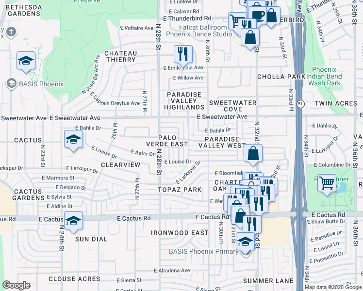 map of restaurants, bars, coffee shops, grocery stores, and more near 12623 North 28th Way in Phoenix