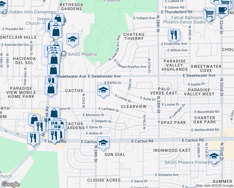map of restaurants, bars, coffee shops, grocery stores, and more near 2521 East Louise Drive in Phoenix