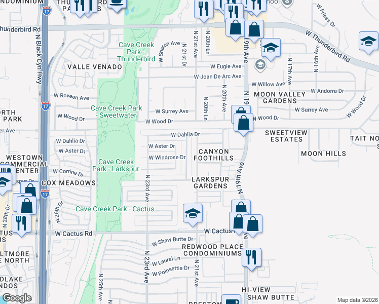 map of restaurants, bars, coffee shops, grocery stores, and more near 12640 North 21st Avenue in Phoenix