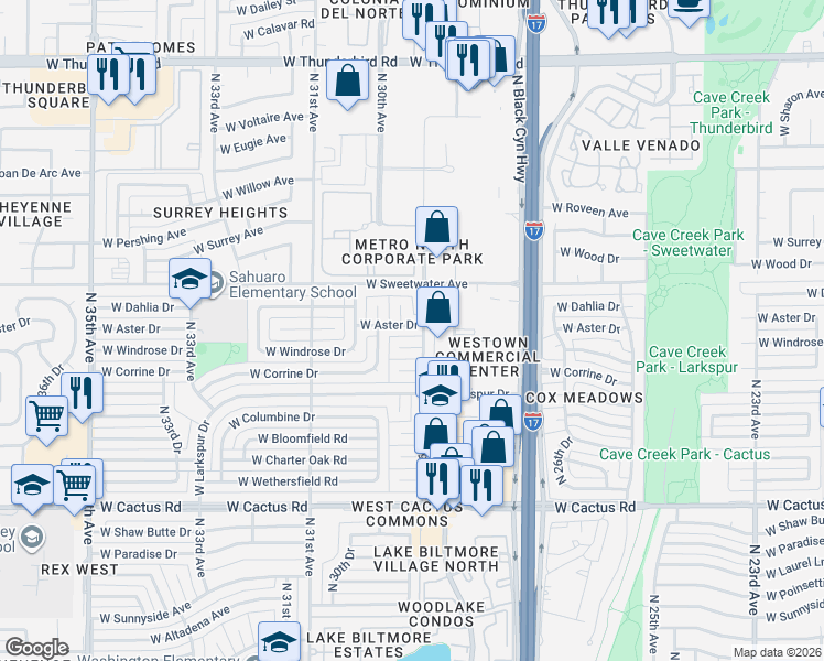 map of restaurants, bars, coffee shops, grocery stores, and more near 2923 West Windrose Drive in Phoenix