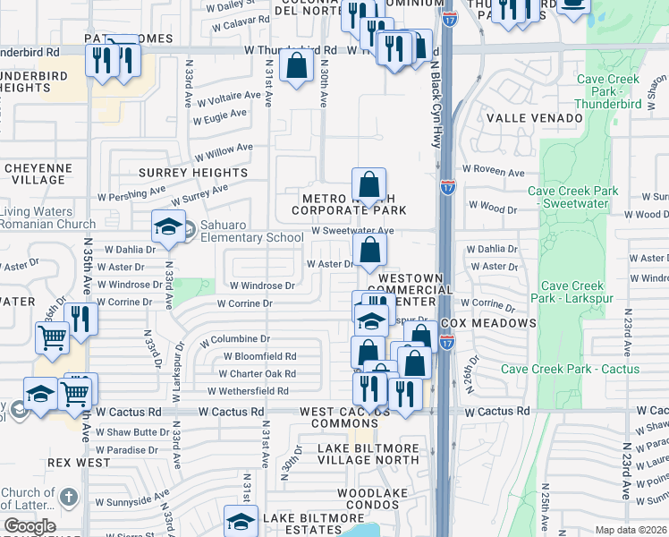 map of restaurants, bars, coffee shops, grocery stores, and more near 2923 West Windrose Drive in Phoenix