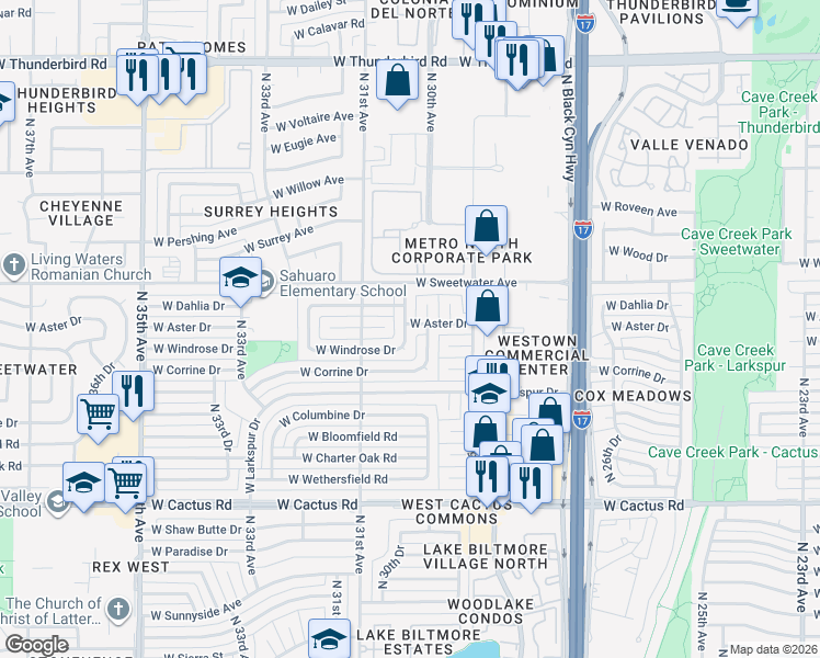 map of restaurants, bars, coffee shops, grocery stores, and more near 12639 North 30th Drive in Phoenix