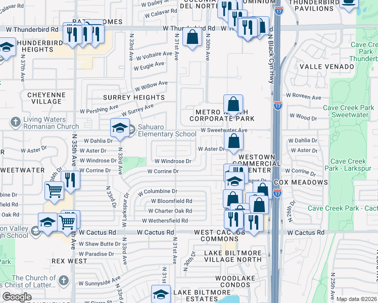 map of restaurants, bars, coffee shops, grocery stores, and more near 12639 North 30th Drive in Phoenix