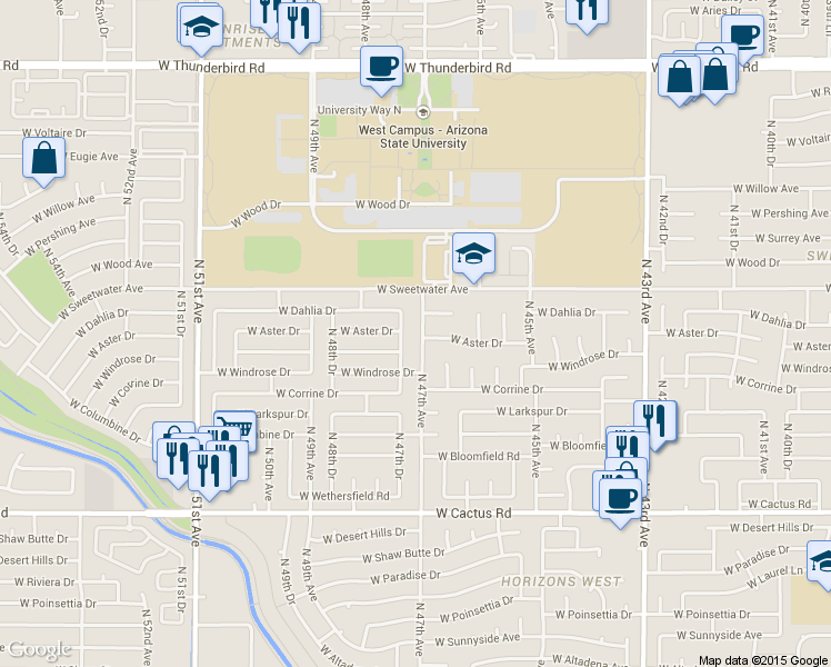map of restaurants, bars, coffee shops, grocery stores, and more near 12645 North 47th Avenue in Glendale