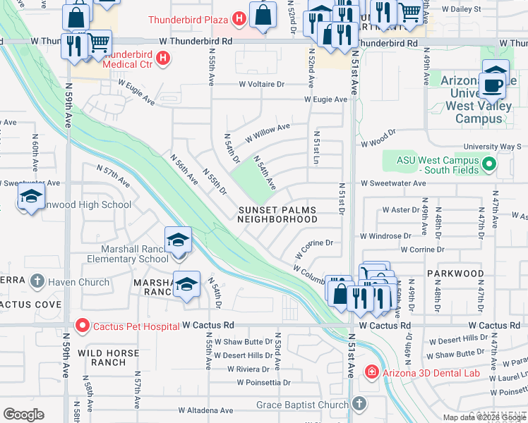 map of restaurants, bars, coffee shops, grocery stores, and more near 5527 West Sweetwater Avenue in Glendale