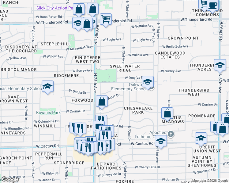 map of restaurants, bars, coffee shops, grocery stores, and more near 7338 West Aster Drive in Peoria
