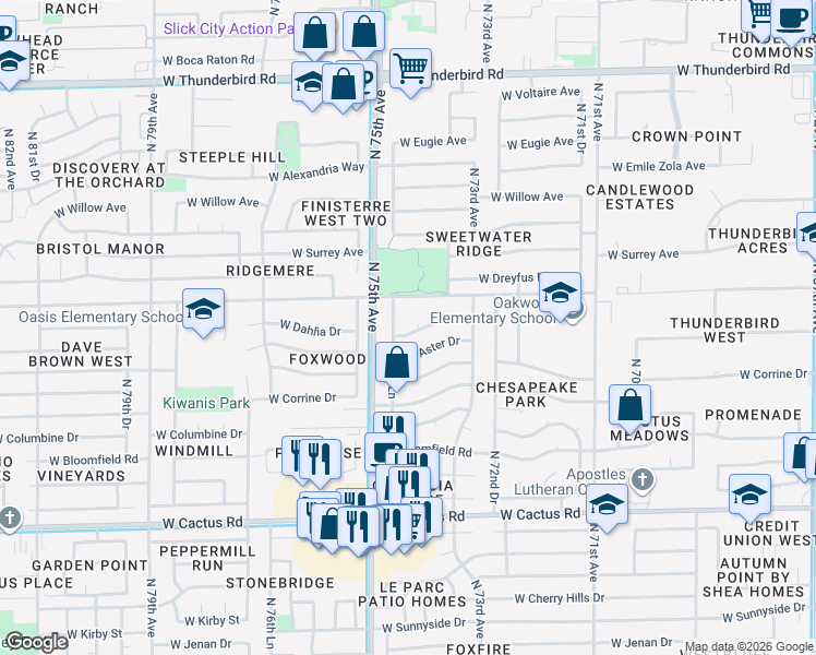 map of restaurants, bars, coffee shops, grocery stores, and more near 12860 North 74th Lane in Peoria