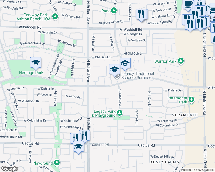 map of restaurants, bars, coffee shops, grocery stores, and more near in Surprise