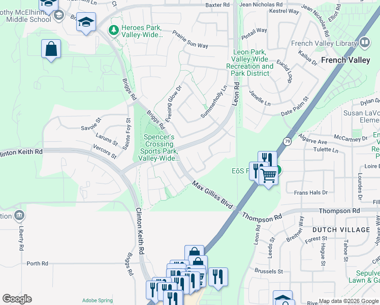 map of restaurants, bars, coffee shops, grocery stores, and more near 35735 Elk Lane in Murrieta